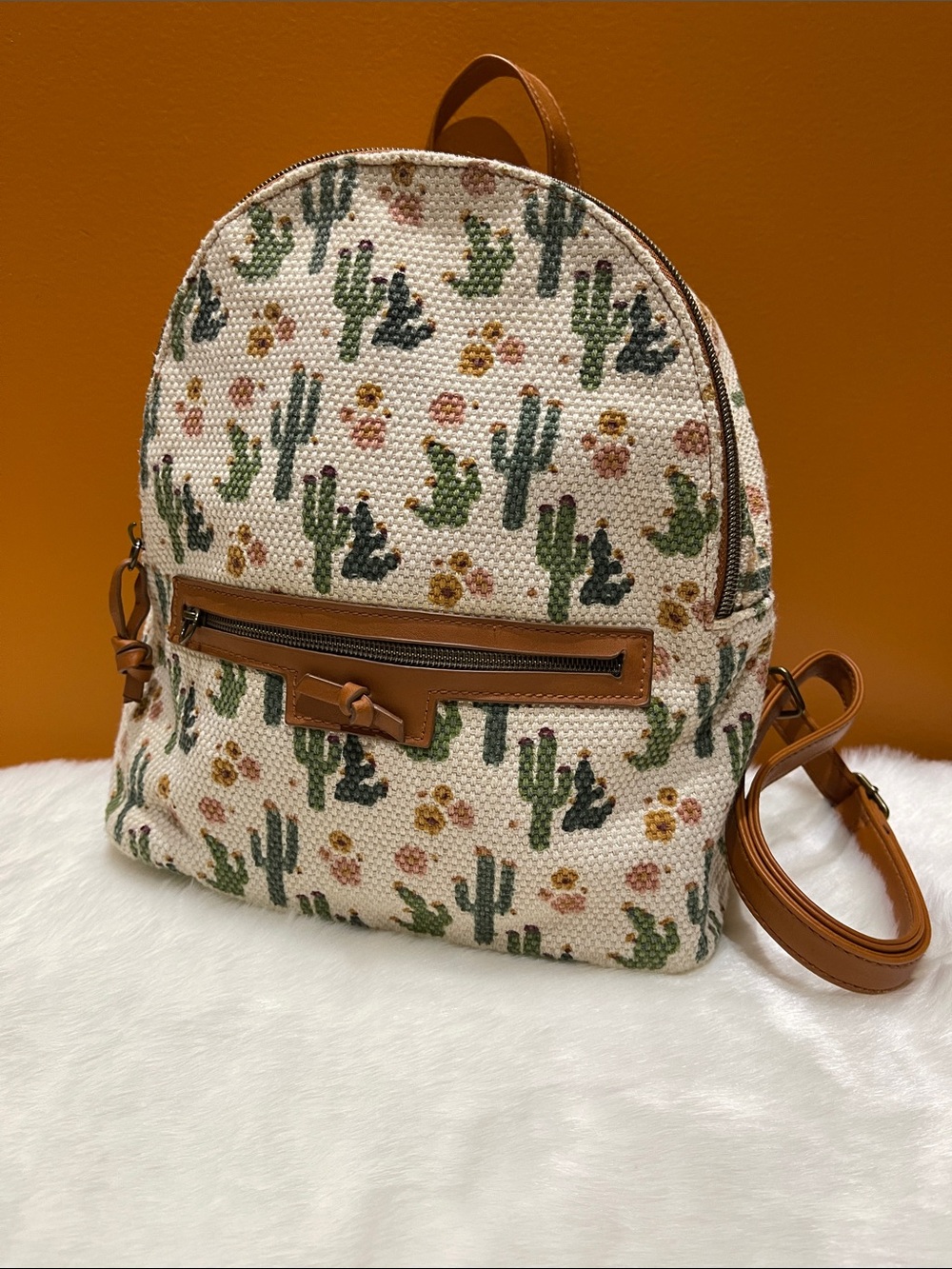 Cactus Print Woven Cotton-blend Mini Backpack - Tan Trim